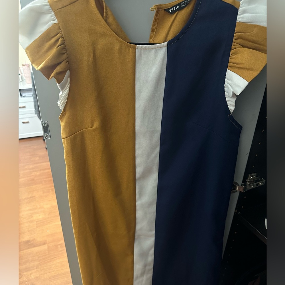 SHEIN Mustard, Navy, and White Colorblock Mini Dress